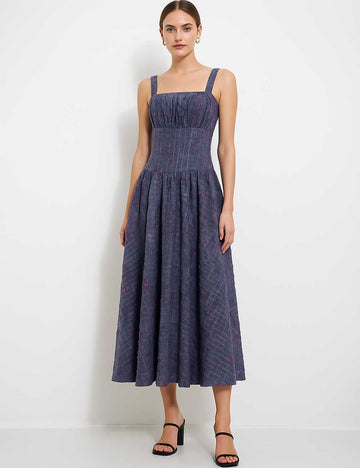 Ladies Multicolor Checked Strap Shoulder Sleeveless Midi Dress
