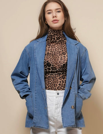 Ladies V-Neck Long Sleeves Pockets Denim Jacket SKT50047