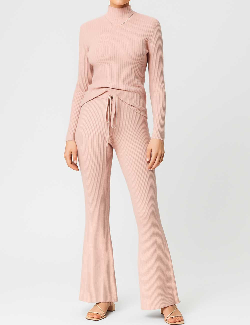 Ladies Ribbed Knit Mock Neck Flared Leg Sweater Set