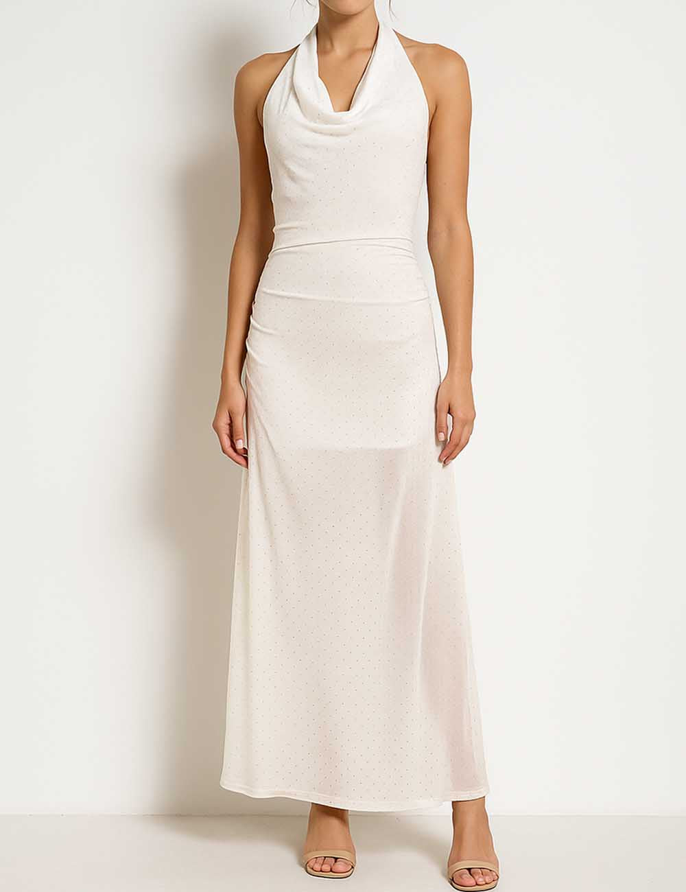 Ladies Rhinestone Halter Cowl Neckline Back Open Maxi Dress