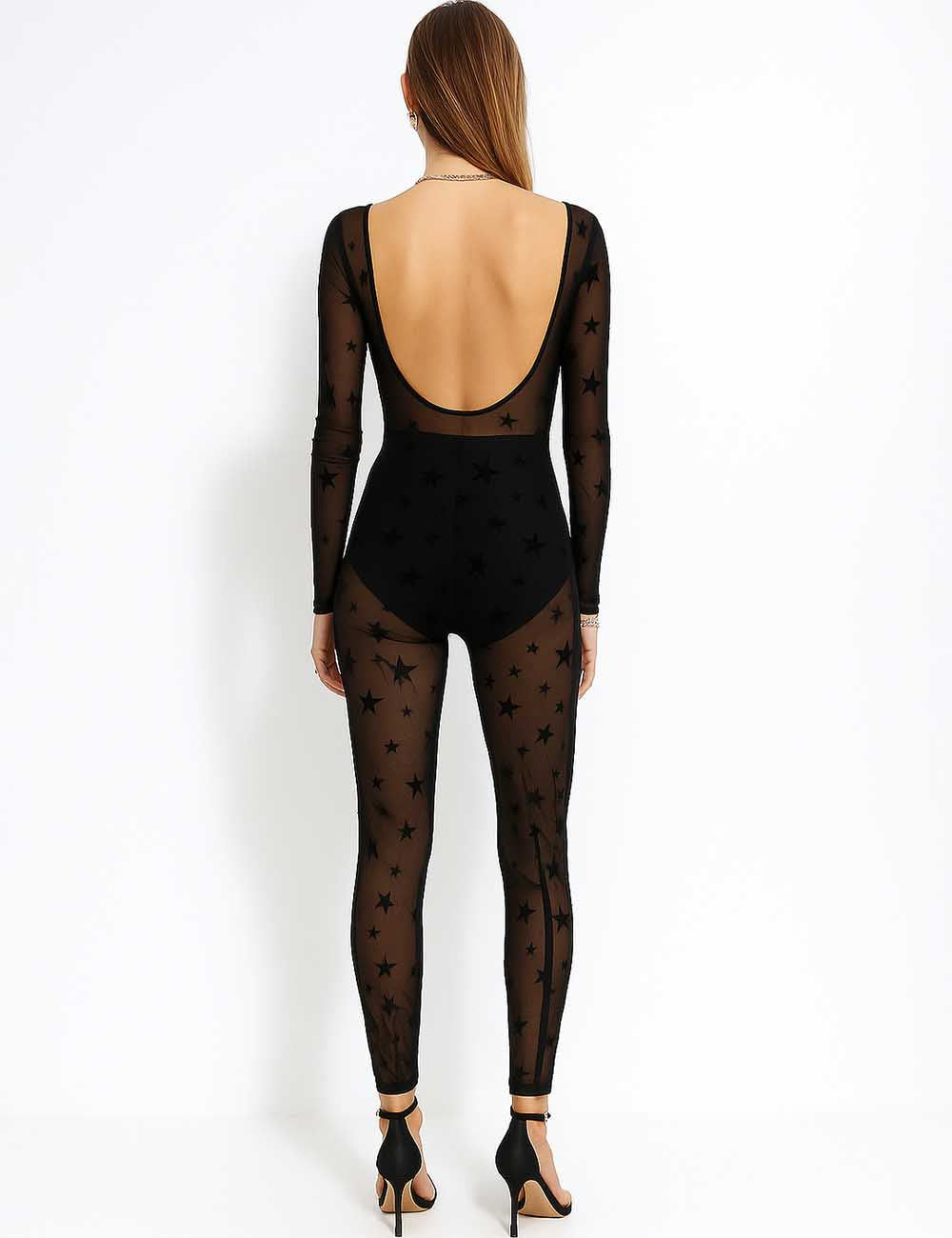 Ladies See Sheer Star Round Neck Long Sleeves Bodysuit