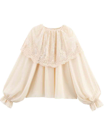 Ladies Solid Color Lace Long Sleeves Cape Blouse