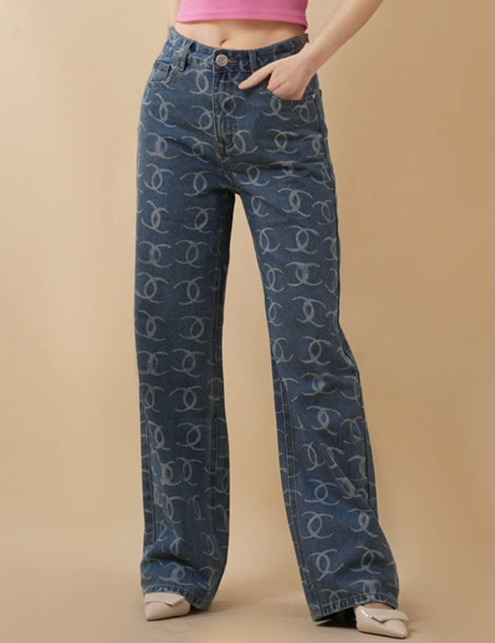 Ladies Letter Print Color Block Glitter Straight Leg Denim Pants