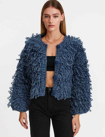 Ladies Shaggy Faux Mohair Fur Button Front Knit Cardigan