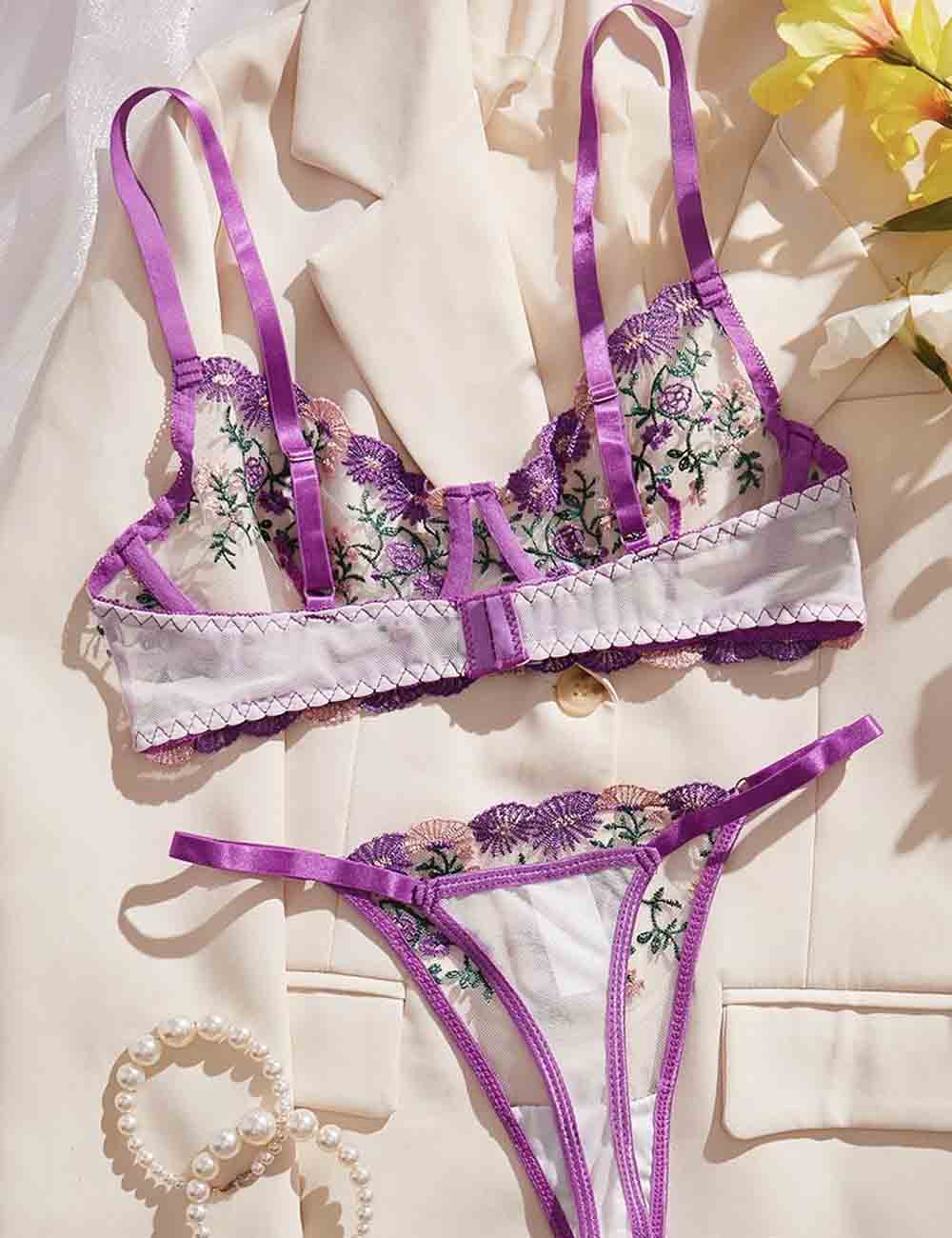 Ladies Floral Embroidery See Through 2PCS Lingerie Set 8HF4153
