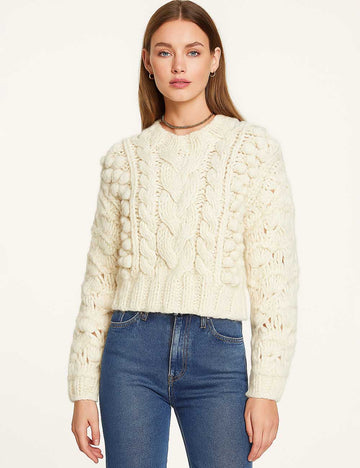 Ladies Chunky Cable Knit Round Neck Cropped Sweater Top