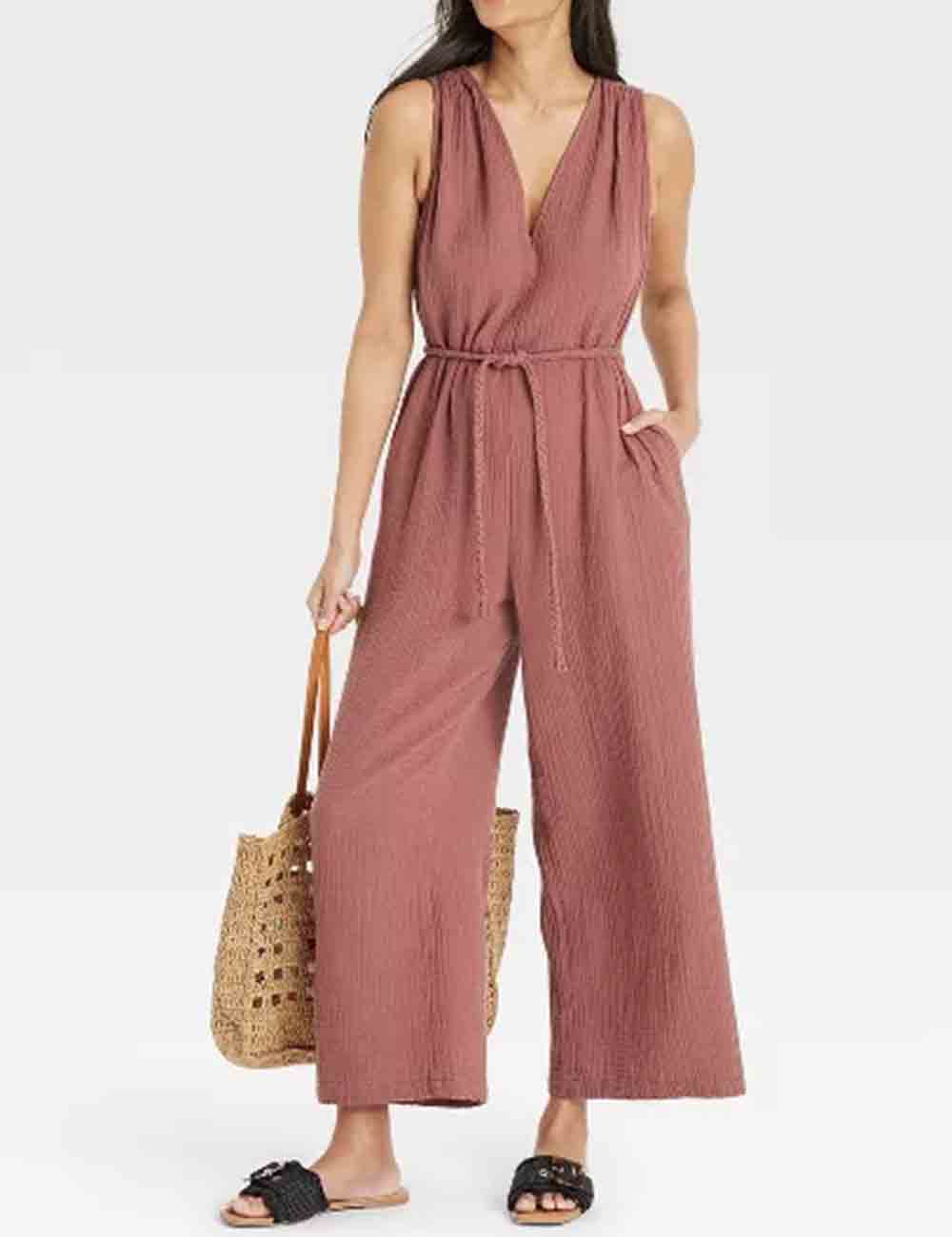 Ladies V-Neck Tie Waist Ruched Sleeveless Wide Leg Jumpsuit