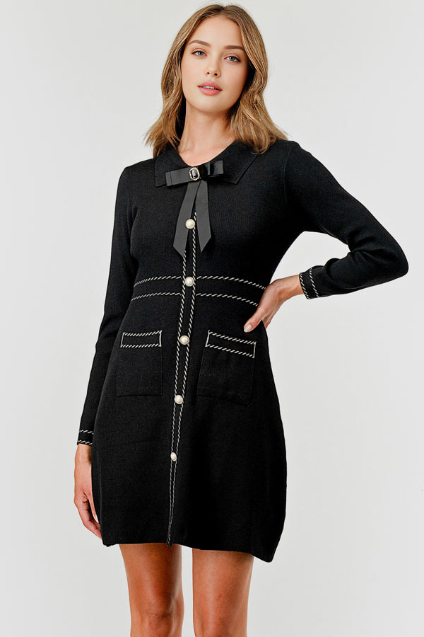 Women Round Neck Bow Tie Detail Sweater Dress