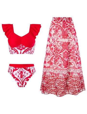 Ladies Floral Print 2PCS Bikini Set with Skirt