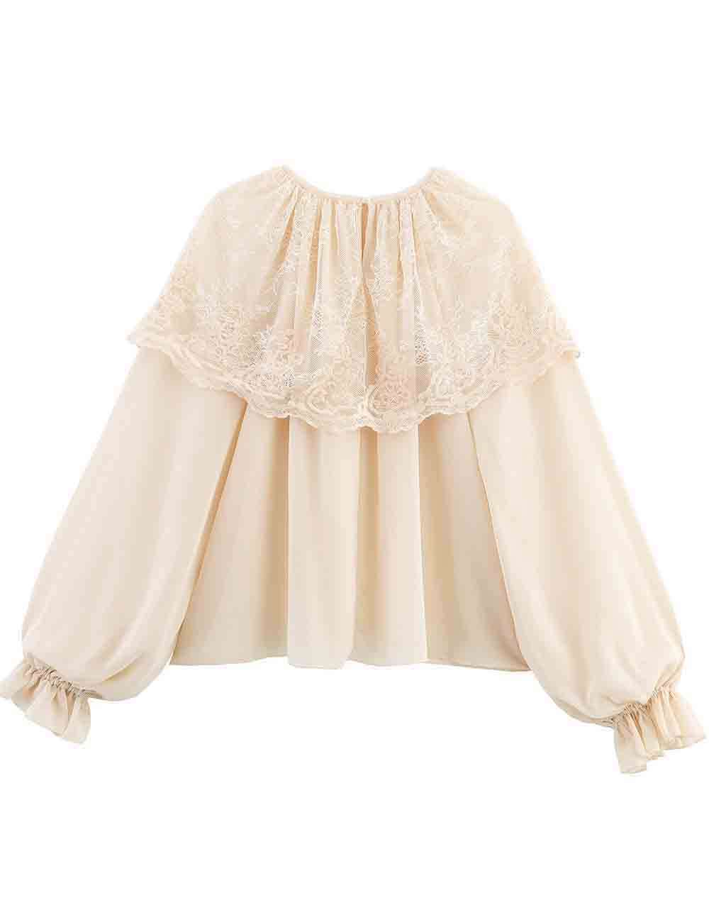 Ladies Solid Color Lace Long Sleeves Cape Blouse