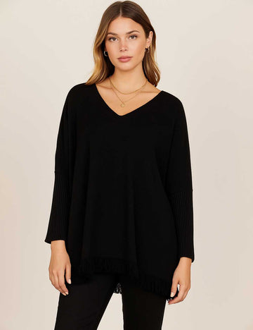Ladies Fringe Hem V-Neck Solid Color Poncho Ribbed Knit Top