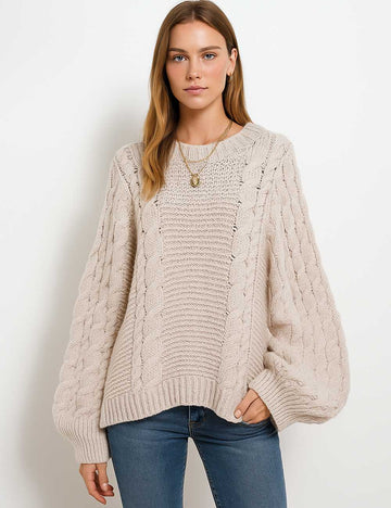 Ladies Round Neck Chunky Cable Knit Pullover Sweater SKT4843
