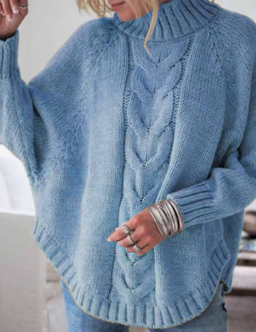 Ladies Solid Color Pullover Stand Collar Cable Sweater