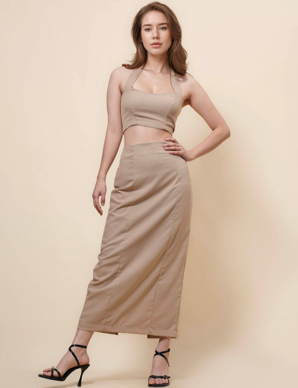 String Tie Halter Bandeau Midi Split Skirt Set 2TZ2192