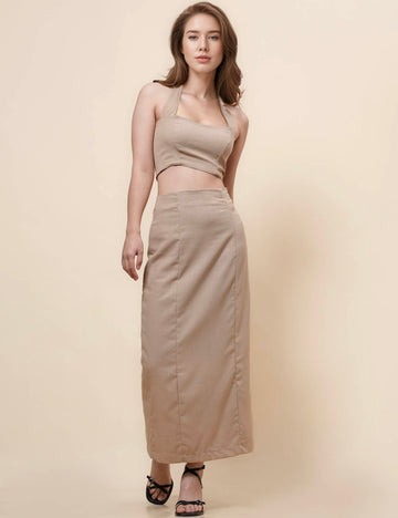 String Tie Halter Bandeau Midi Split Skirt Set 2TZ2192