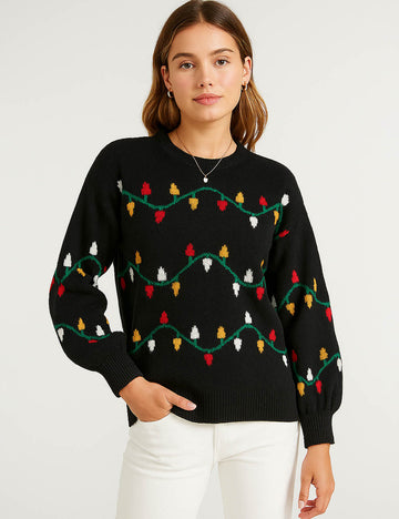 Ladies Christmas Light Jacquard Pattern Lantern Sleeves Sweater