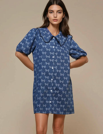 Ladies Peter Pan Collar Bow Print Denim Mini Dress SKD50020