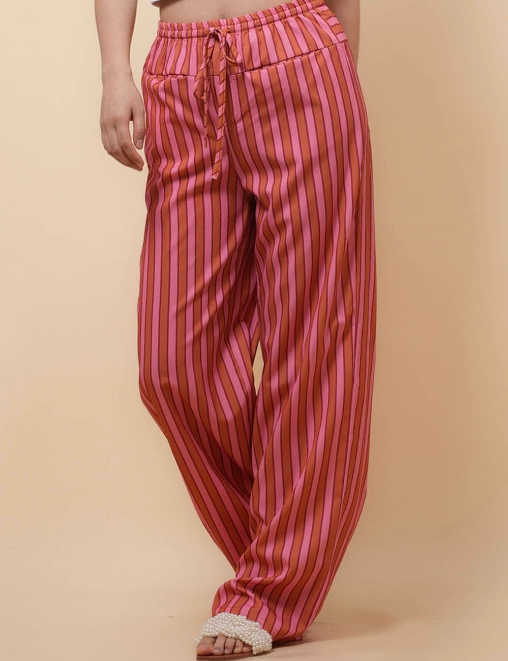 Ladies Stright Leg Striped Print Pockets Pants SKP51067