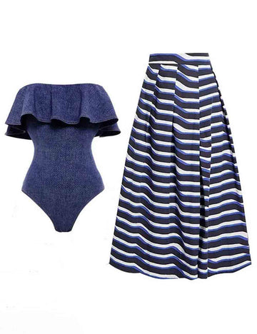 Ladies Off-Shoulder Denim One Piece Swimwear with Salong