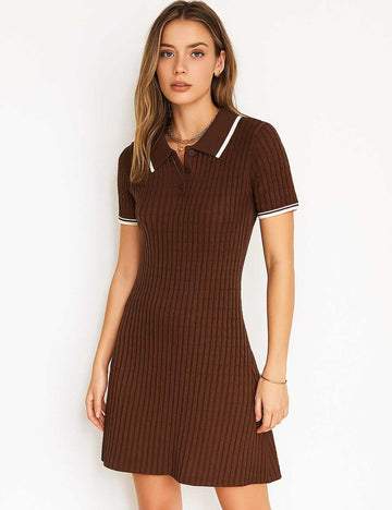 Ladies Color Block Short Sleeves Knit Mini Dress