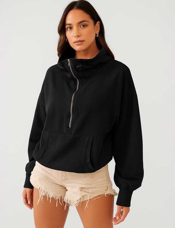 Ladies Long Sleeves Zip Collar Pocket Hoodie EWQD