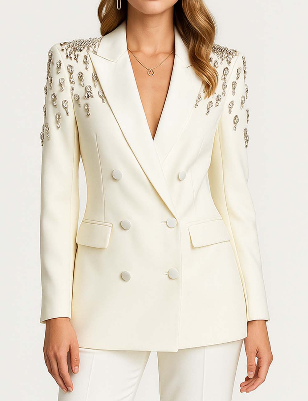 Ladies Luxurious Bead Peak Lapel Double Breast Blazer