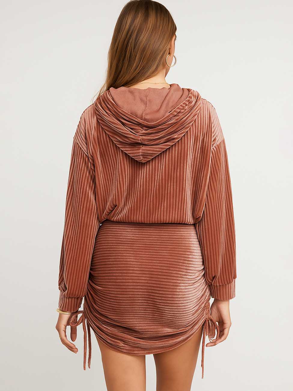 Ladies Velvert Rib Hoodie Top Mini Skirt 2PCS Set