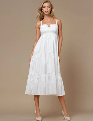 Ladies Elegant String Shoulder White Dress Basic Midi Dress