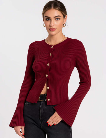 Ladies Ribbed Button Front Flared Sleeves Knit Top