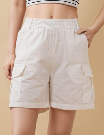 Ladies Solid Color Elastic Waist Straight Leg Shorts