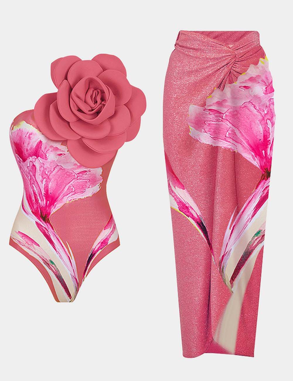 Ladies One Shoulder Floral Print One Piece Swimwear with Salong