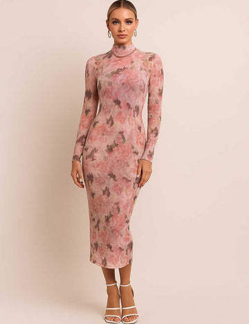 Women Floral Print Turtleneck Bodycon Maxi Dress
