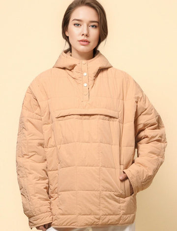Ladies Button Pullover Hooded Padded Puff Jacket SKT4755