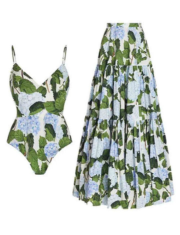 Ladies V-Neck Floral Print One Piece Swimwear with Skirt