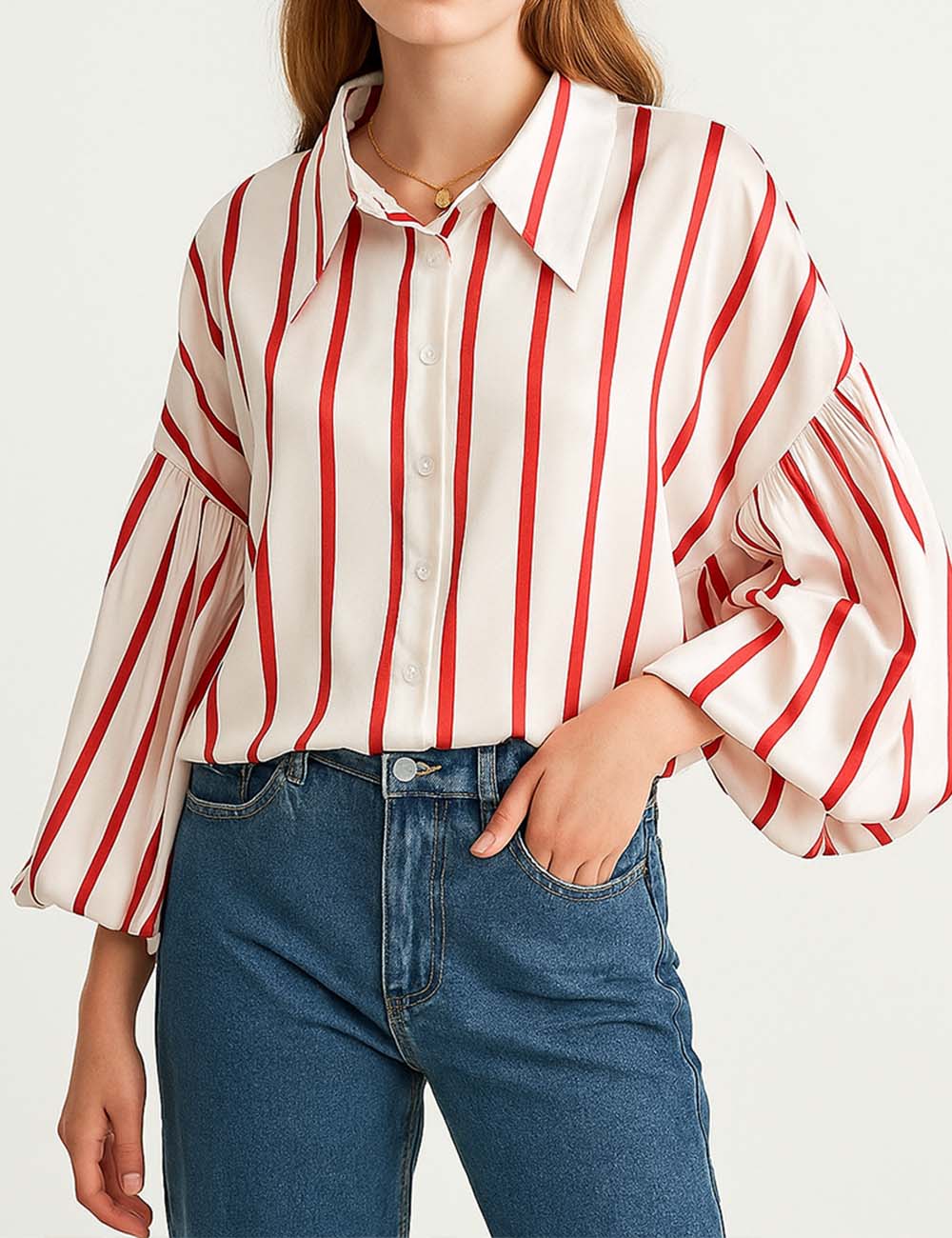 Ladies Lantern Sleeve Striped Short Shirt SKT4815