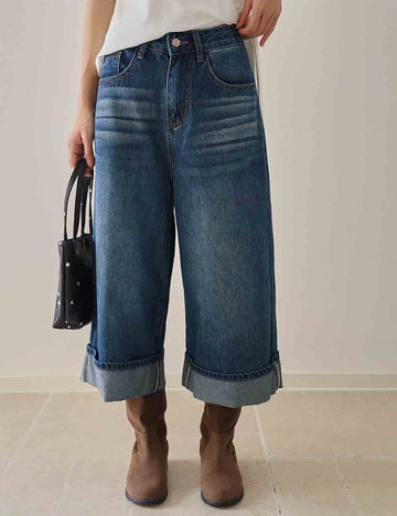 Ladies Button Pocket Rolled Wide Leg Cropped Denim Pants