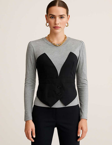 Ladies Color Block Patchwork Long Sleeves Fake 2PCS Top