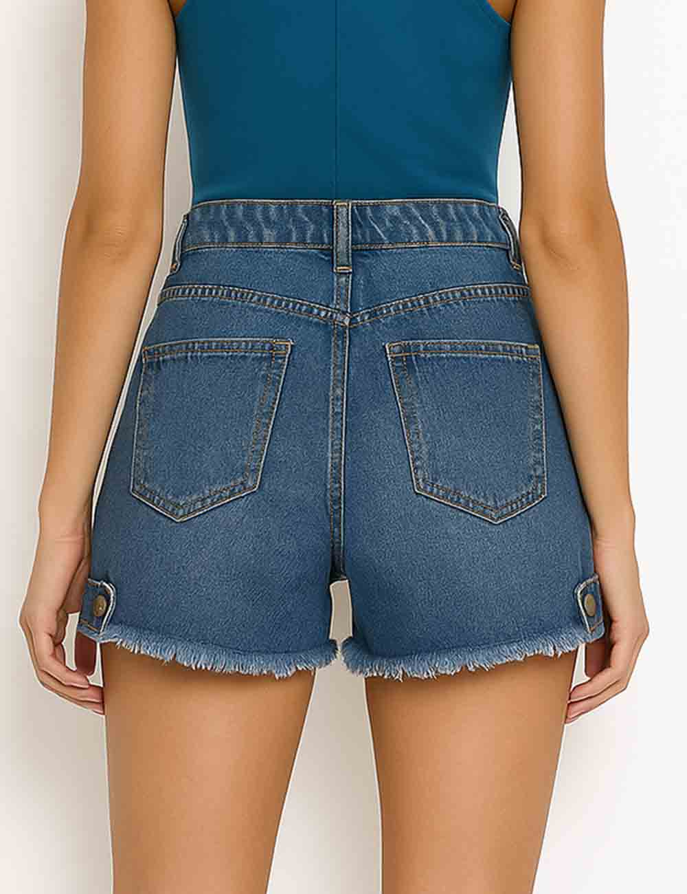 Ladies Button Waist Pockets Raw Edge Denim Shorts