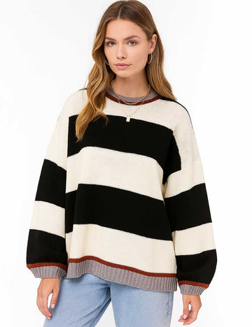 Ladies Colorful Striped Round Neck Long Sleeves Knit Sweater