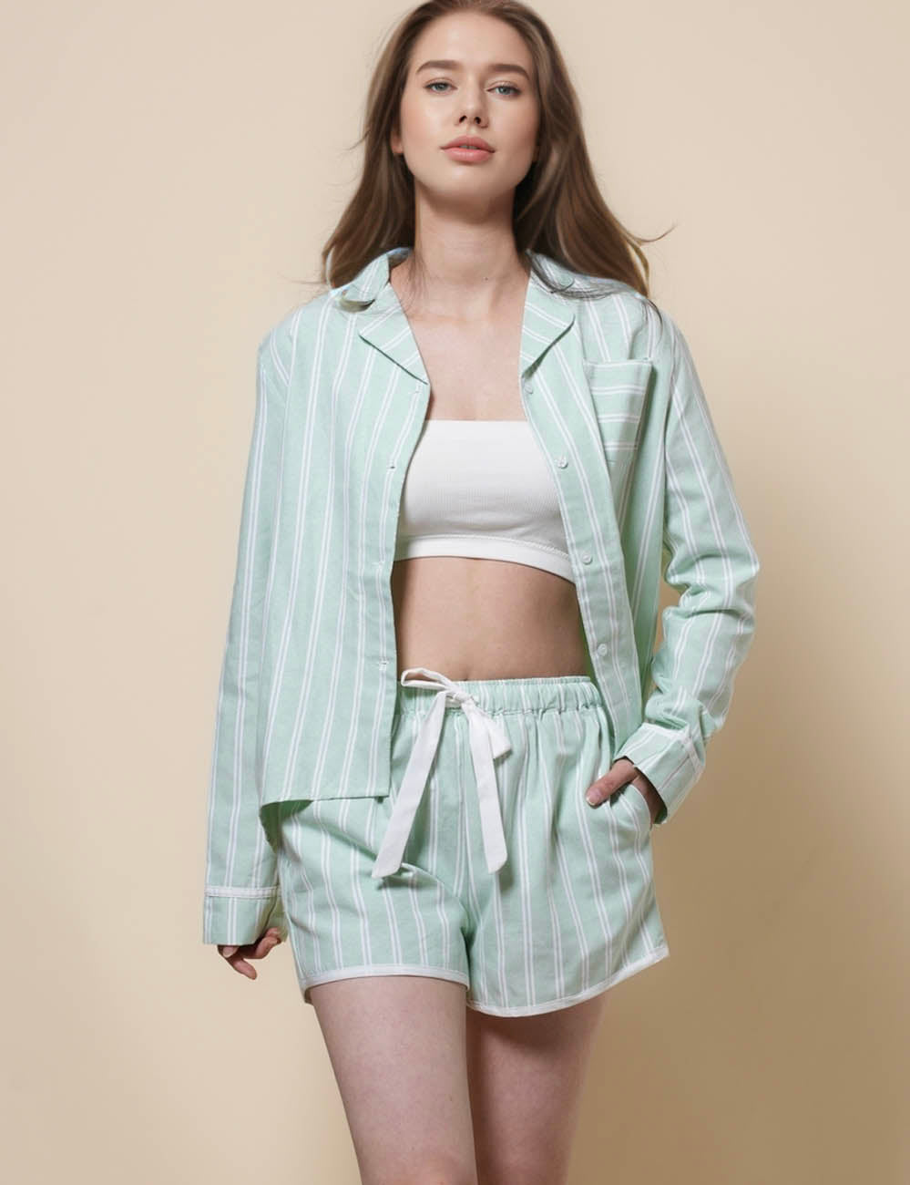 Ladies Shirt Shorts Striped 2PCS Loungewear Pajama Set SKST41294
