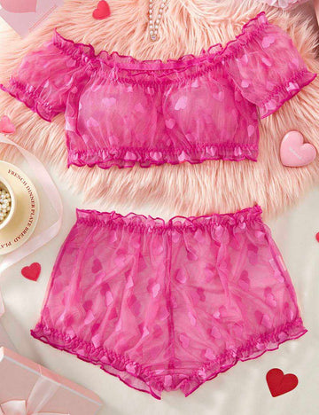 Ladies Heart Print See Through 2PCS Lingerie Sets 8XX0181