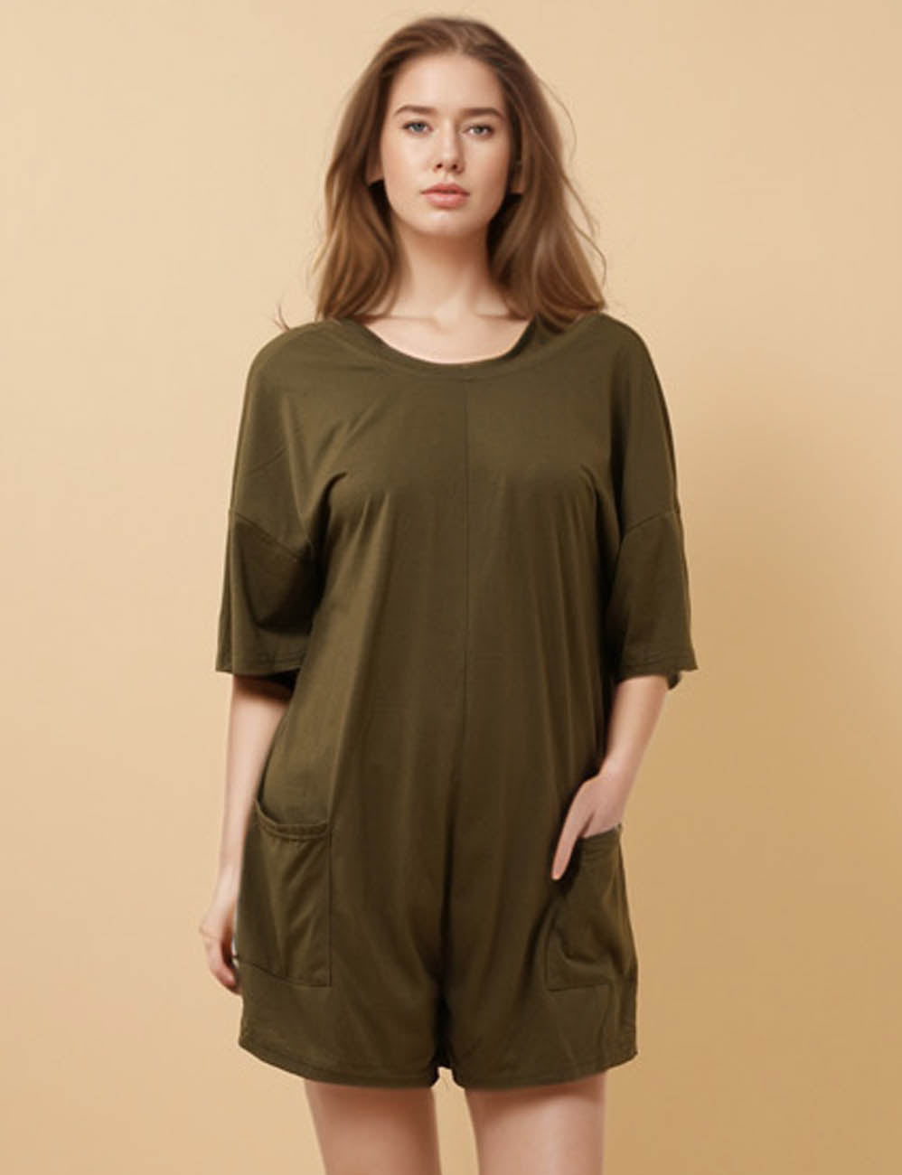 Ladies Round Neck Mid Sleeves Back Open Romper 8SKJ50385