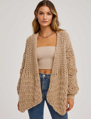 Ladies Solid Color V-Neck Front Open Flower Long Sleeves Knit Cardigan