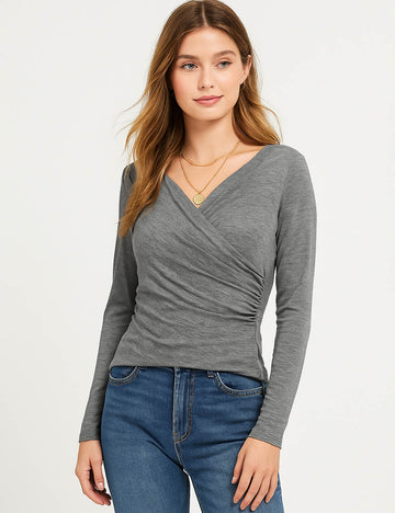 Ladies V-Neck Cross Wrap Long Sleeves Layer Top