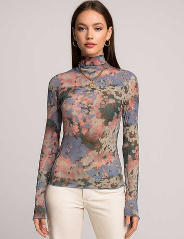 Women Multicolor Inregular Pattern Blouse See Sheer Top
