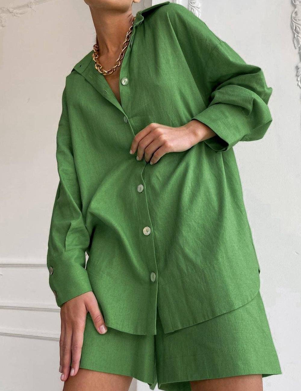 Ladies Solid Color Button Down Shirt Shorts 2PCS Set 2S1612B