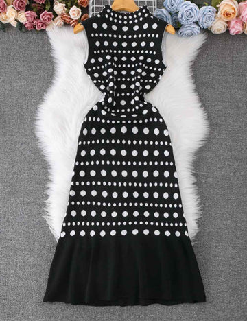 Ladies Color Block Sleeveless Polka Dot Knit Midi Dress