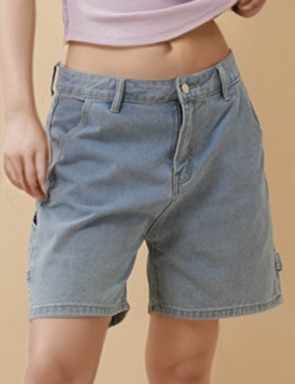 Ladies Button Pocket Straight Leg Cargo Denim Shorts