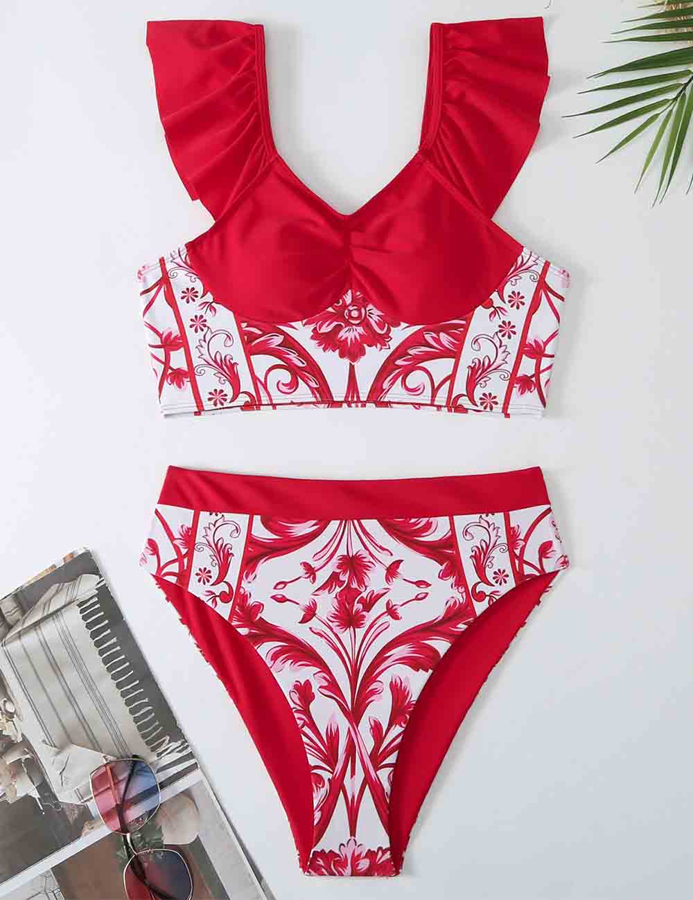 Ladies Floral Print 2PCS Bikini Set with Skirt