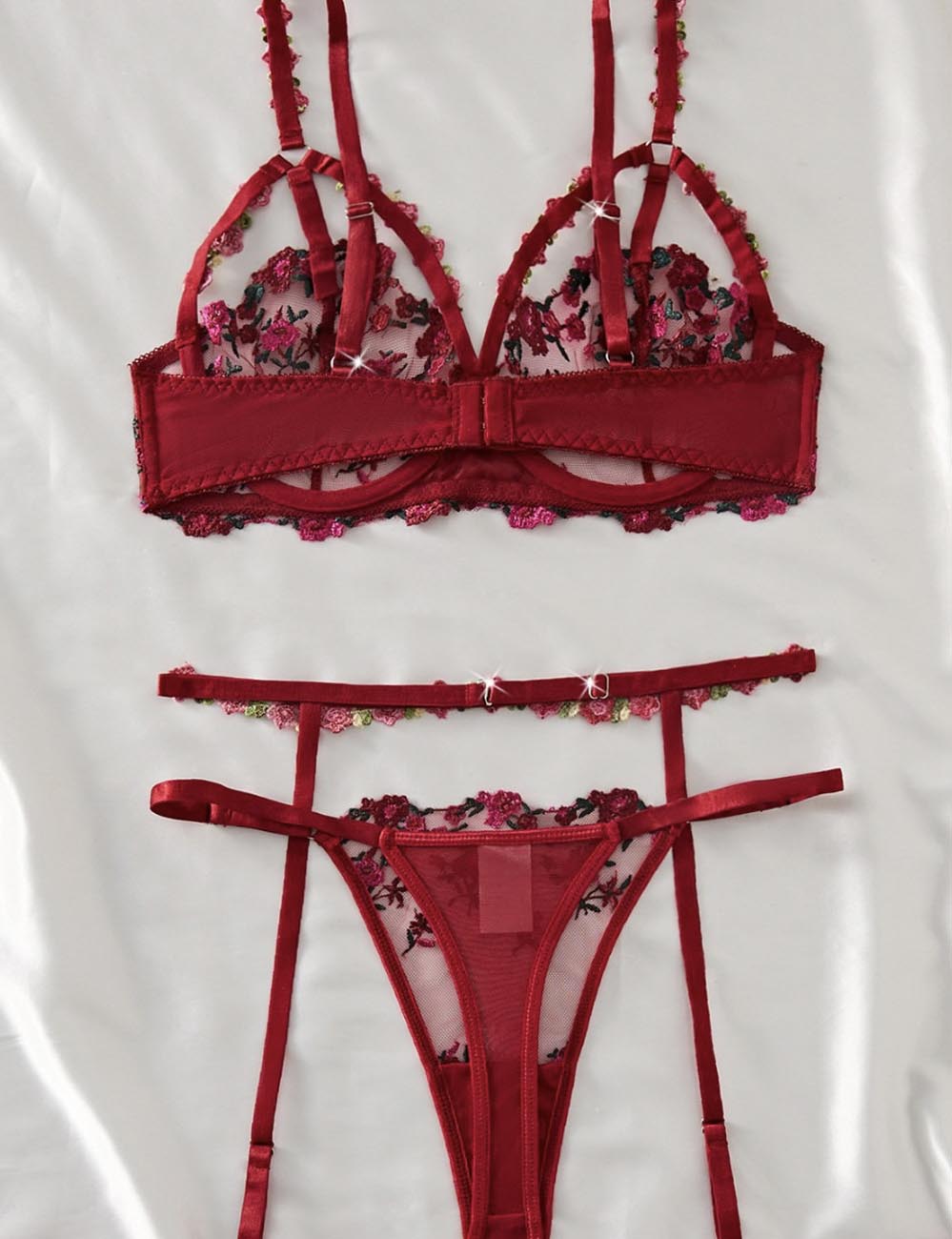 Ladies Floral Embroidery See Through 3PCS Lingerie Set 8XX0170